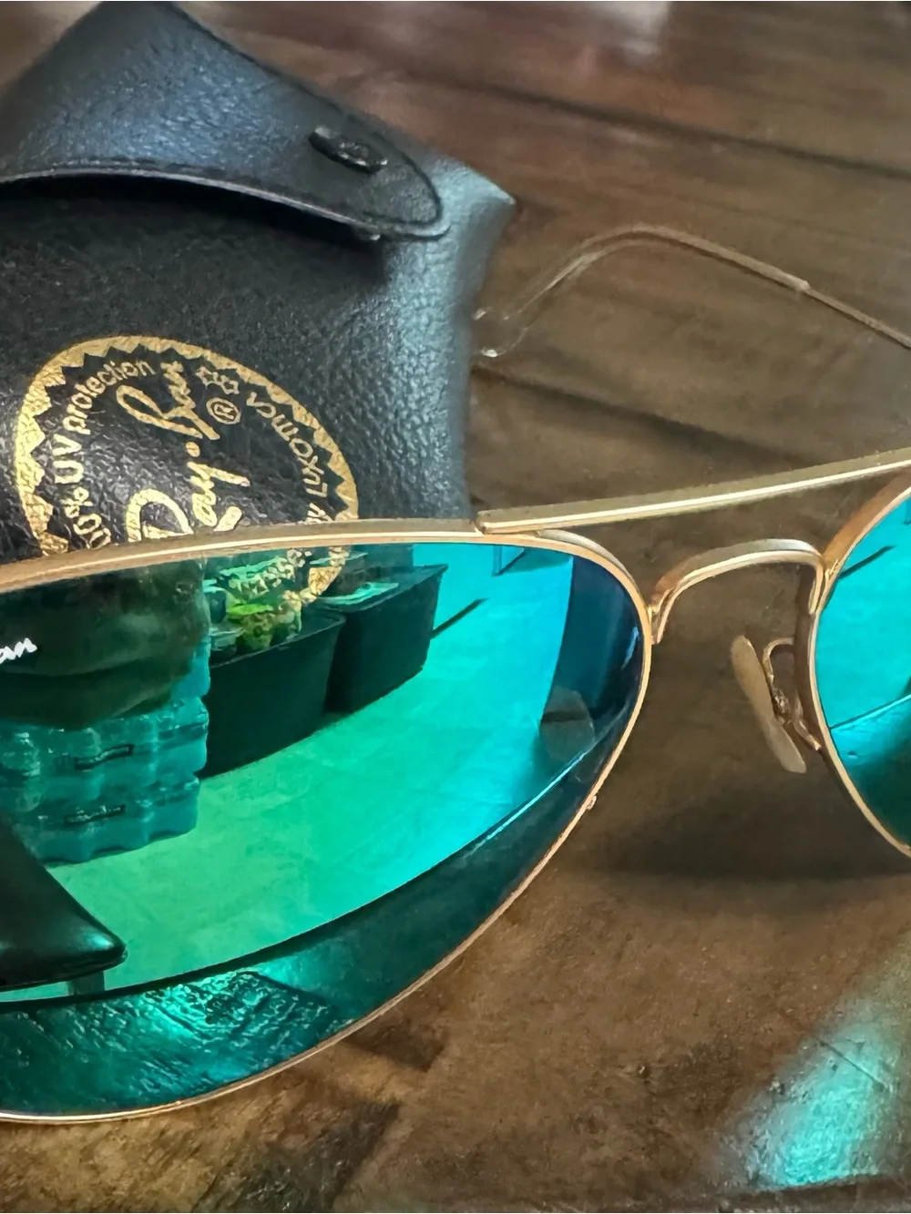 Ray-Ban Gold Frame Sunglasses with Green-Blue Mirrored Lenses